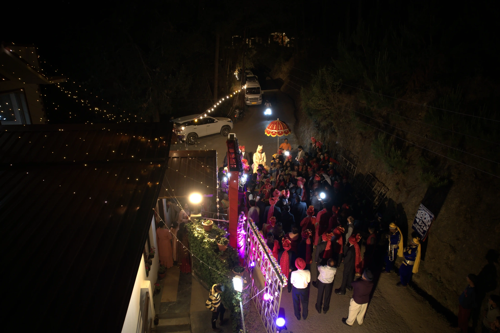 Aerial view of wedding baraat procession