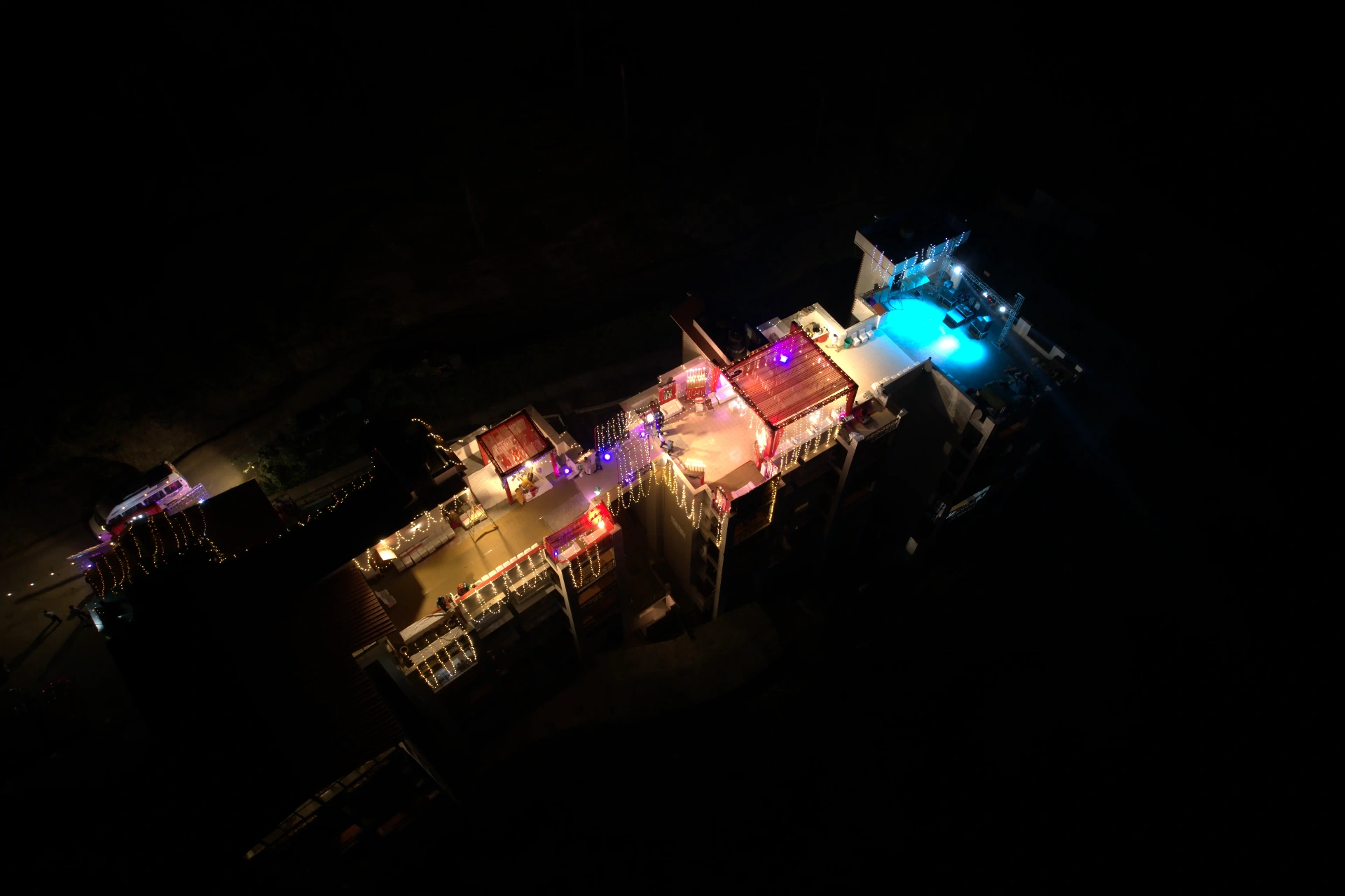 Aerial night view of illuminated venue